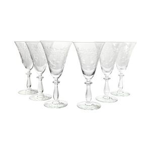 1960s Set of 6 Crystal Water or Wine Glasses 7 5/8” 8oz Floral Garland Dot Cuts
